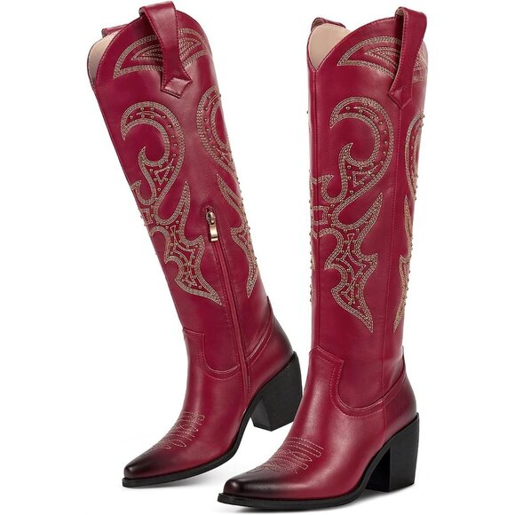 Wetkiss Red Cowboy Boots Women Knee High Rhinestone Western Tall Fashion Shoes - Picture 3 of 6